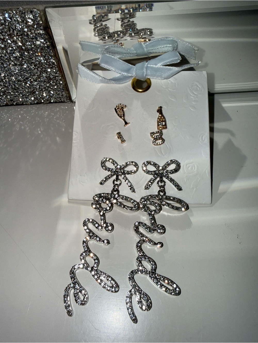 Bride Rhinestone Bow Drop Earrings - Silver Crystal